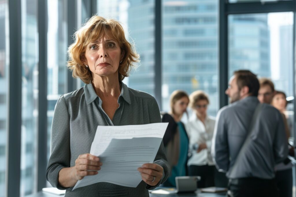 Eine besorgte Frau hält in einem modernen Büro mit großen Fenstern juristische Dokumente in der Hand. Im Hintergrund unterhält sich eine Gruppe von Anwälten, was die professionelle Atmosphäre verstärkt.