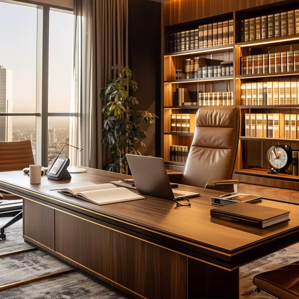 Das moderne Büro eines Anwalts verfügt über einen großen Holzschreibtisch und einen Ledersessel. Ein Laptop und Bücher stehen auf dem Schreibtisch, umgeben von hohen Bücherregalen, einer Pflanze und einer Uhr. Der Blick durch das Fenster auf die Stadt trägt zur warmen Atmosphäre bei.