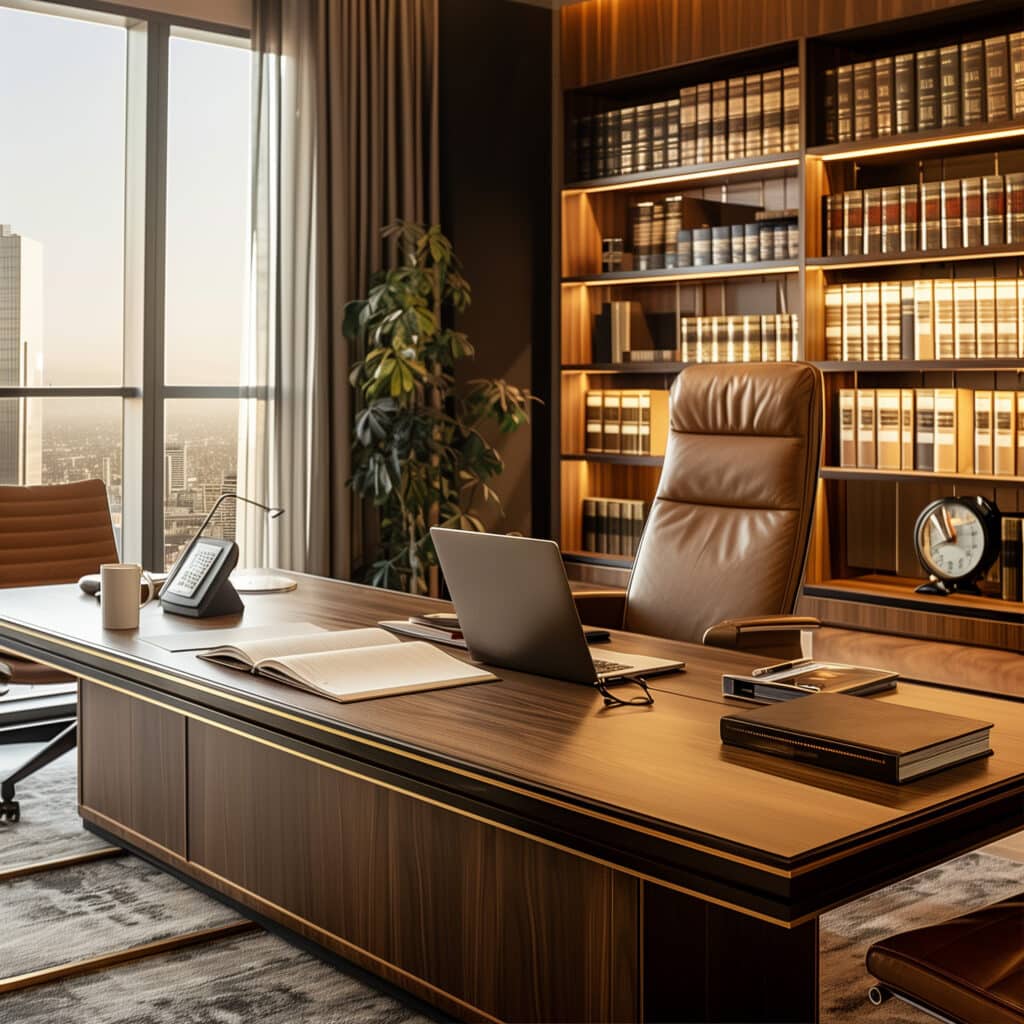 Das moderne Büro eines Anwalts verfügt über einen großen Holzschreibtisch und einen Ledersessel. Ein Laptop und Bücher stehen auf dem Schreibtisch, umgeben von hohen Bücherregalen, einer Pflanze und einer Uhr. Der Blick durch das Fenster auf die Stadt trägt zur warmen Atmosphäre bei.
