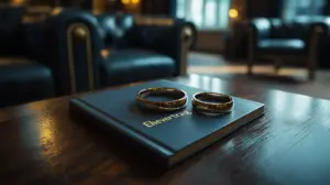 Zwei goldene Ringe liegen auf einem Ehevertrag auf einem polierten Holztisch. Im Hintergrund ist ein verschwommener Blick auf einen Raum mit Ledersesseln zu sehen, der das warme, elegante Ambiente unterstreicht.