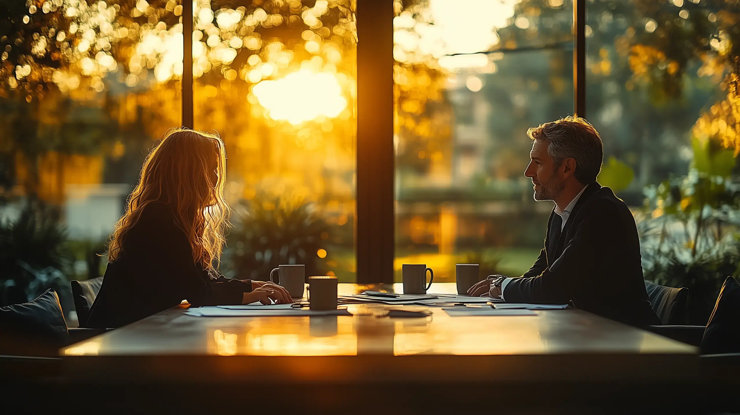Ein Mann und eine Frau sitzen sich an einem Tisch in einem sonnendurchfluteten Raum gegenüber und unterhalten sich mit offenen Laptops und Kaffeetassen vor sich. Der Raum hat große Fenster mit Blick auf Bäume und einen warmen Sonnenuntergang.